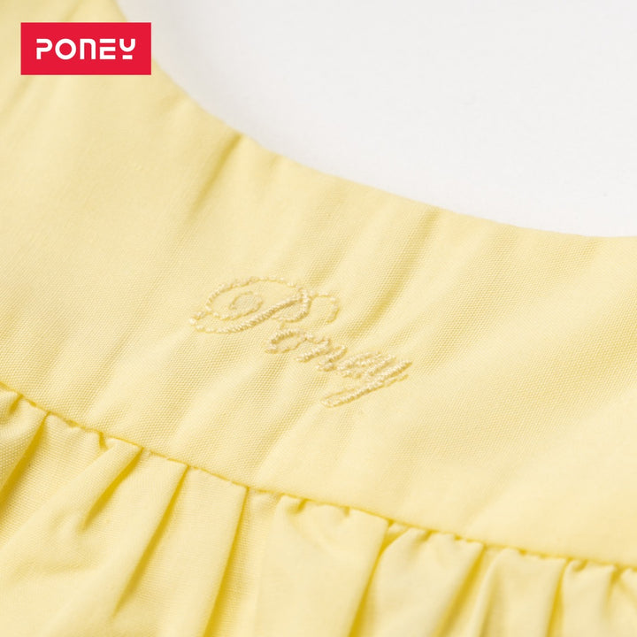 Double frilled sleeves and hem blouse, buttons at the front. Embroidered poney logo below the neck. 