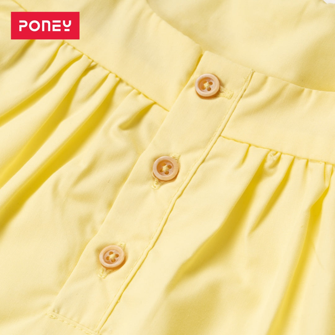 Double frilled sleeves and hem blouse, buttons at the front. Embroidered poney logo below the neck. 