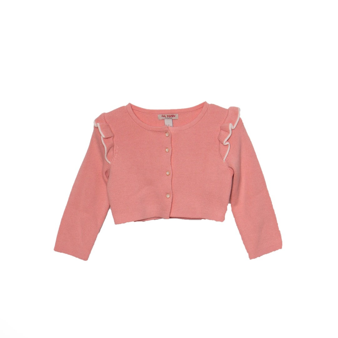 Pink coloured, cropped frill-knit cardigan, buttoned from the front, long sleeves for added protection against cold.