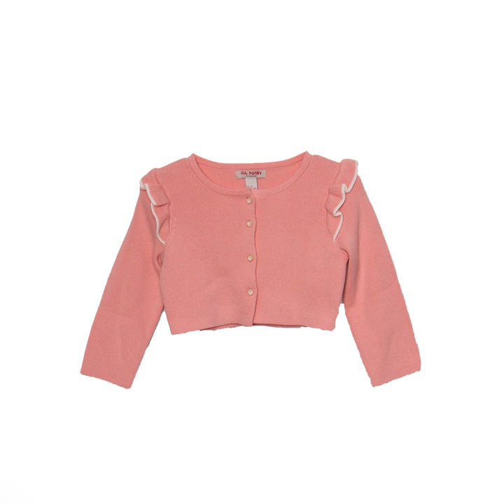 Pink coloured, cropped frill-knit cardigan, buttoned from the front, long sleeves for added protection against cold.