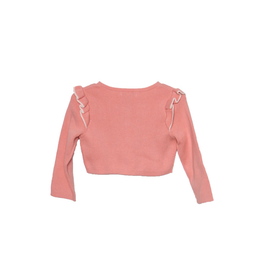 Pink coloured, cropped frill-knit cardigan, buttoned from the front, long sleeves for added protection against cold.