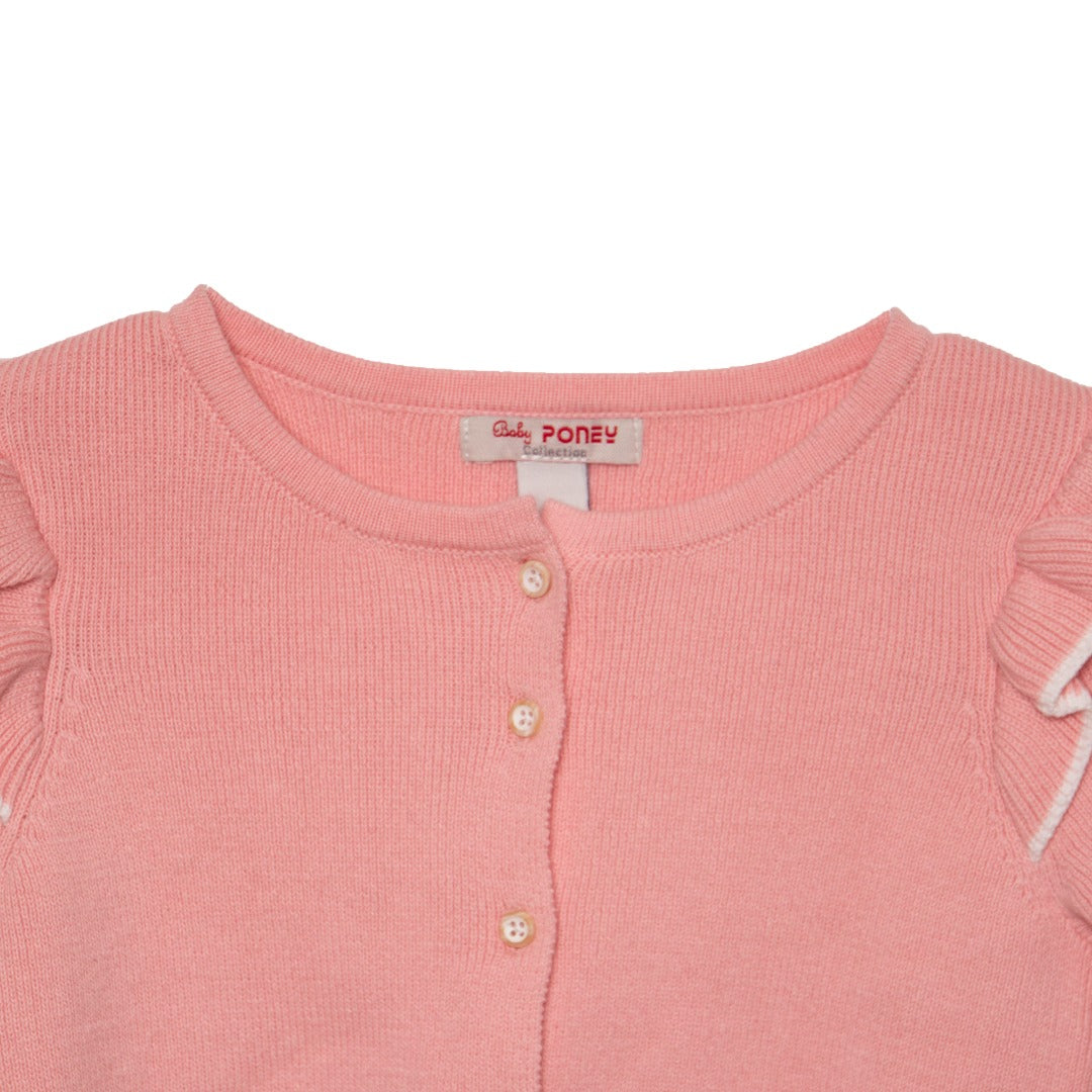 Pink coloured, cropped frill-knit cardigan, buttoned from the front, long sleeves for added protection against cold.