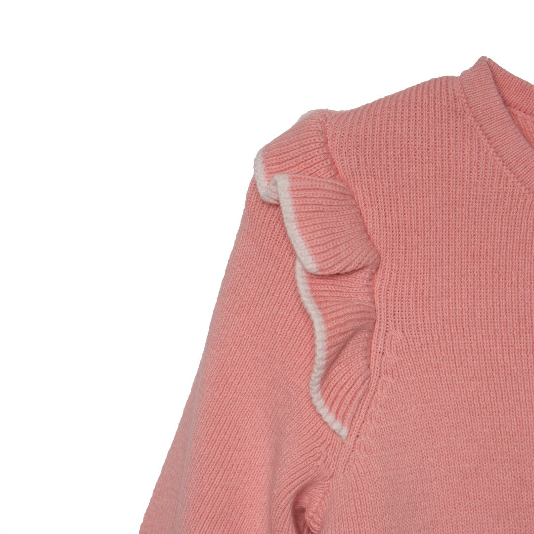 Pink coloured, cropped frill-knit cardigan, buttoned from the front, long sleeves for added protection against cold.