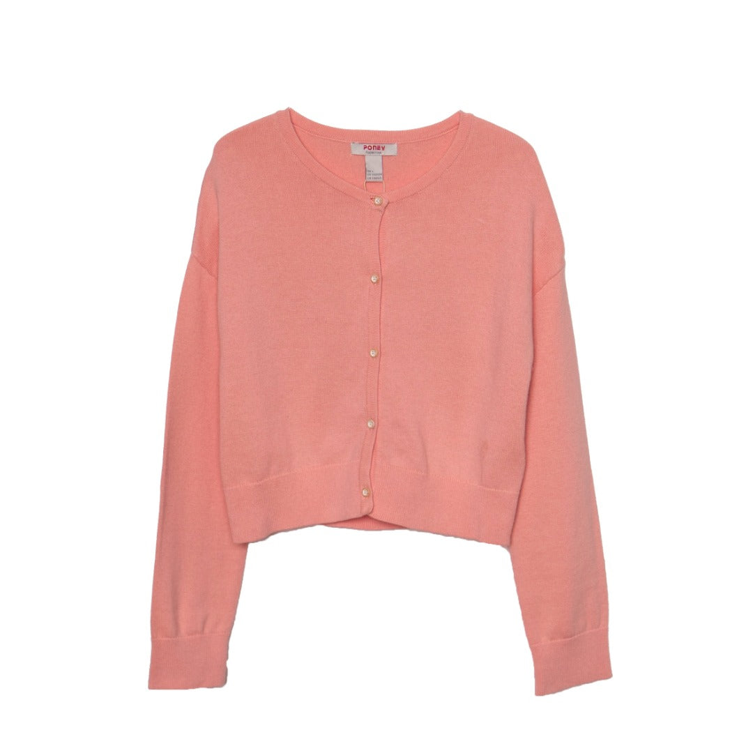 Comfortable tea pink, long sleeve cardigan, fastened from the front with pearl white buttons.