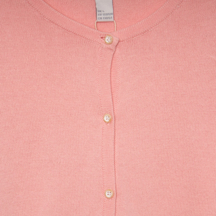 Comfortable tea pink, long sleeve cardigan, fastened from the front with pearl white buttons.