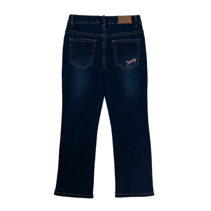 Girls Navy jeans, front and back pockets, embroidered logo, slightly distressed. Button/zipper fastening included. 