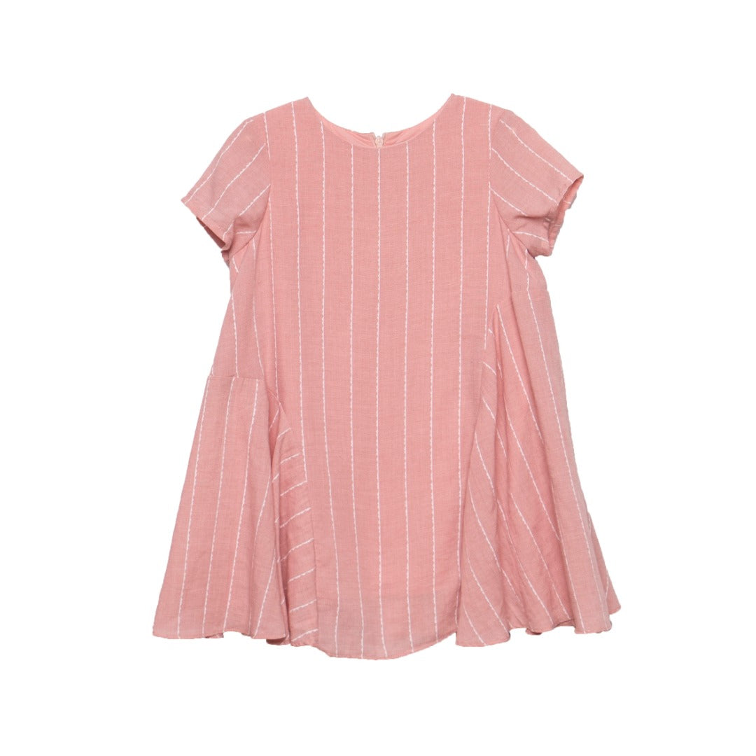 Short-sleeved, white striped, loose fitted, light pink dress with side panels. A zipper attached at the back.