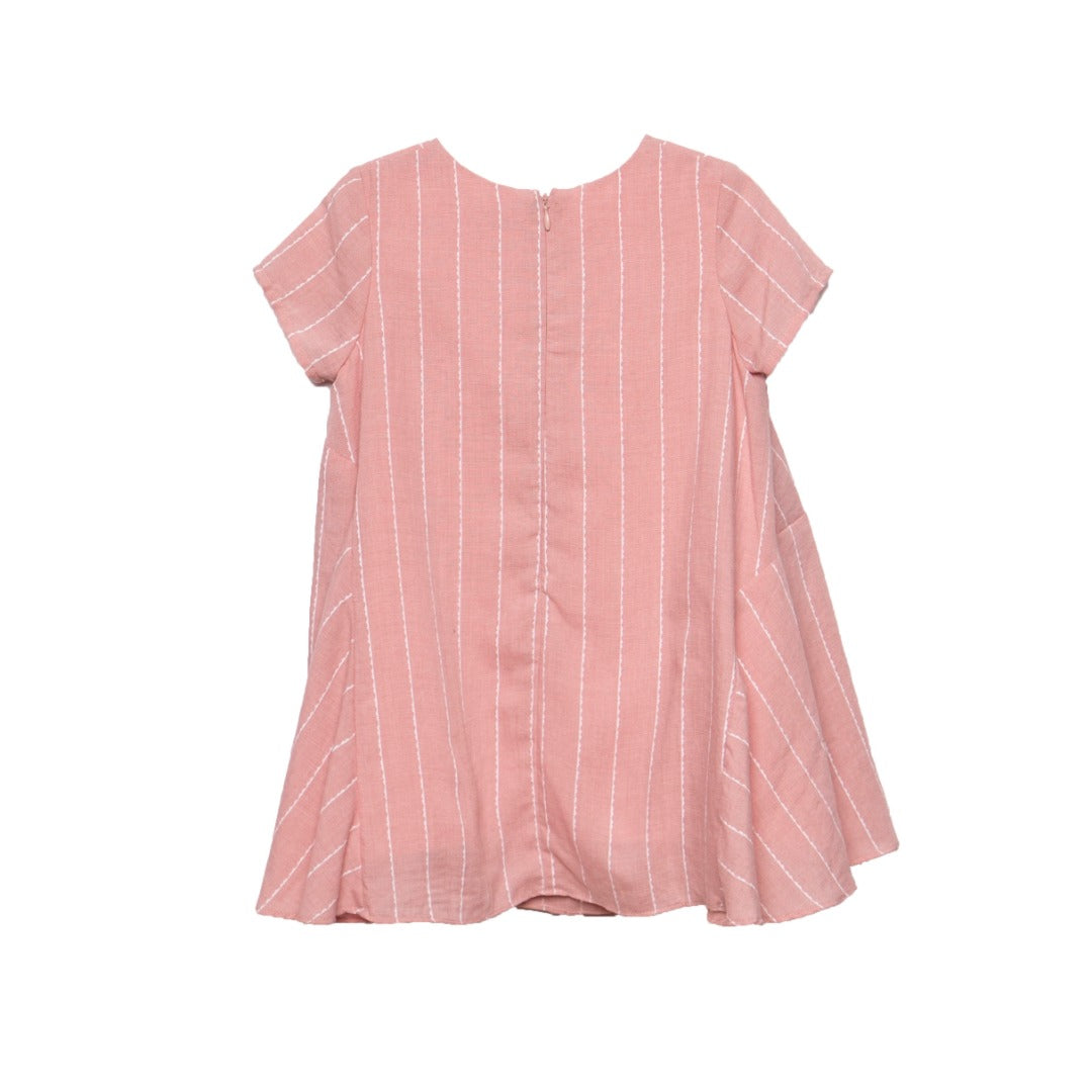 Short-sleeved, white striped, loose fitted, light pink dress with side panels. A zipper attached at the back.