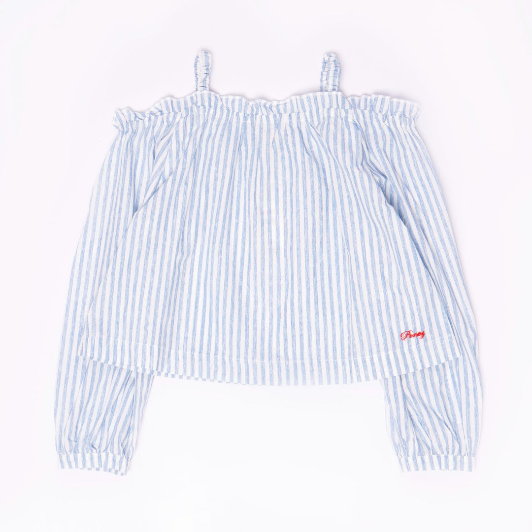 Light blue stripped, off shoulder, ruffled blouse, spaghetti straps, full sleeves. Poney logo embroidered at the bottom right. 