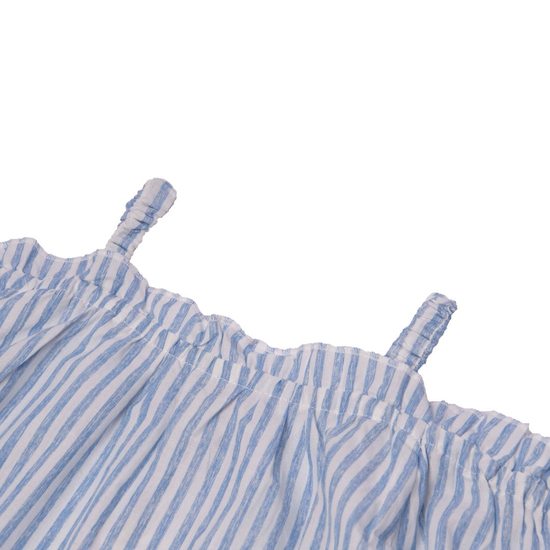 Light blue stripped, off shoulder, ruffled blouse, spaghetti straps, full sleeves. Poney logo embroidered at the bottom right. 