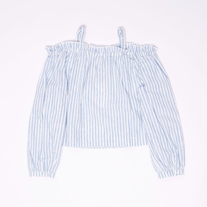 Light blue stripped, off shoulder, ruffled blouse, spaghetti straps, full sleeves. Poney logo embroidered at the bottom right. 