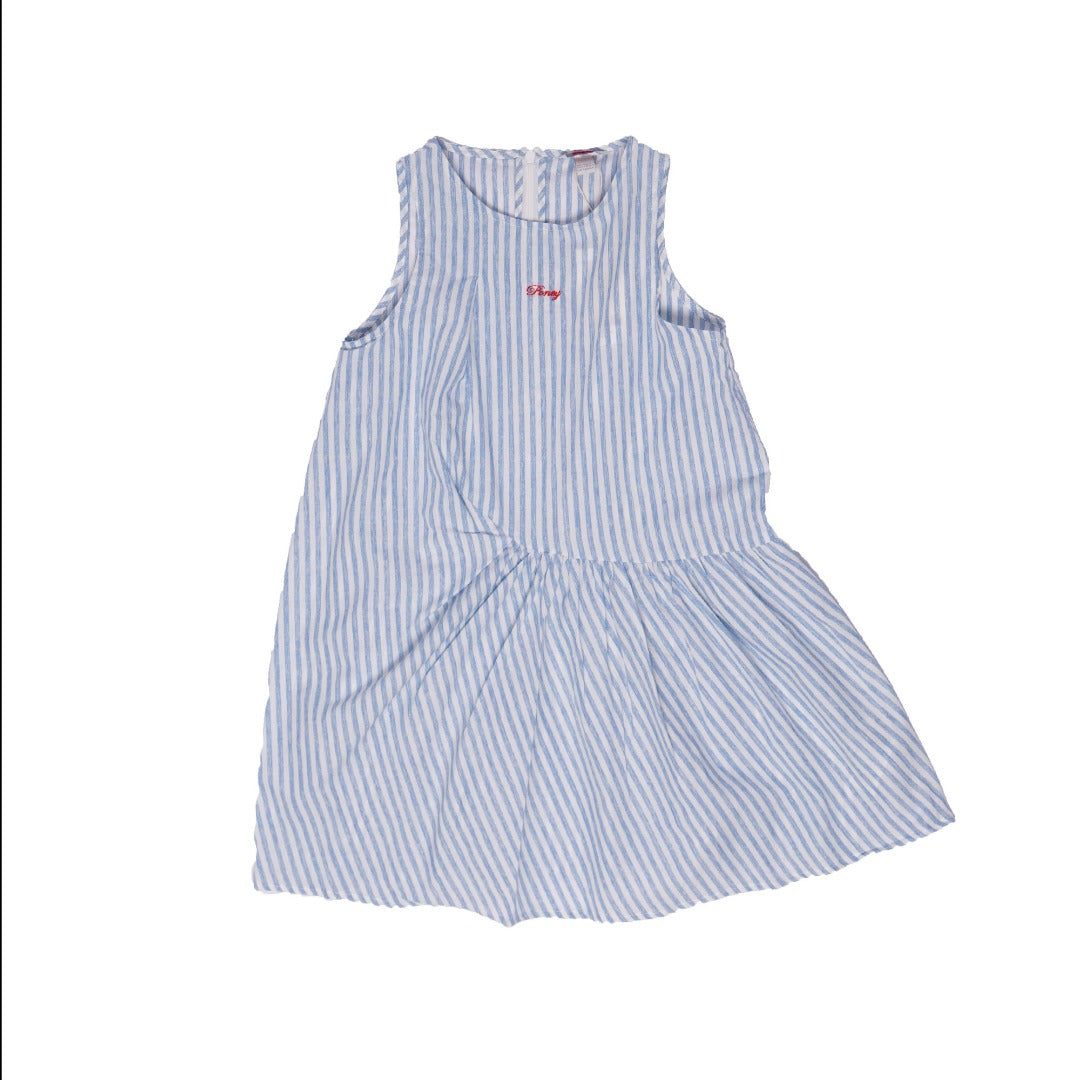 Blue lined Dress, Zipper at the back, Sleeveless, embroidered logo, front frills on the centre. 