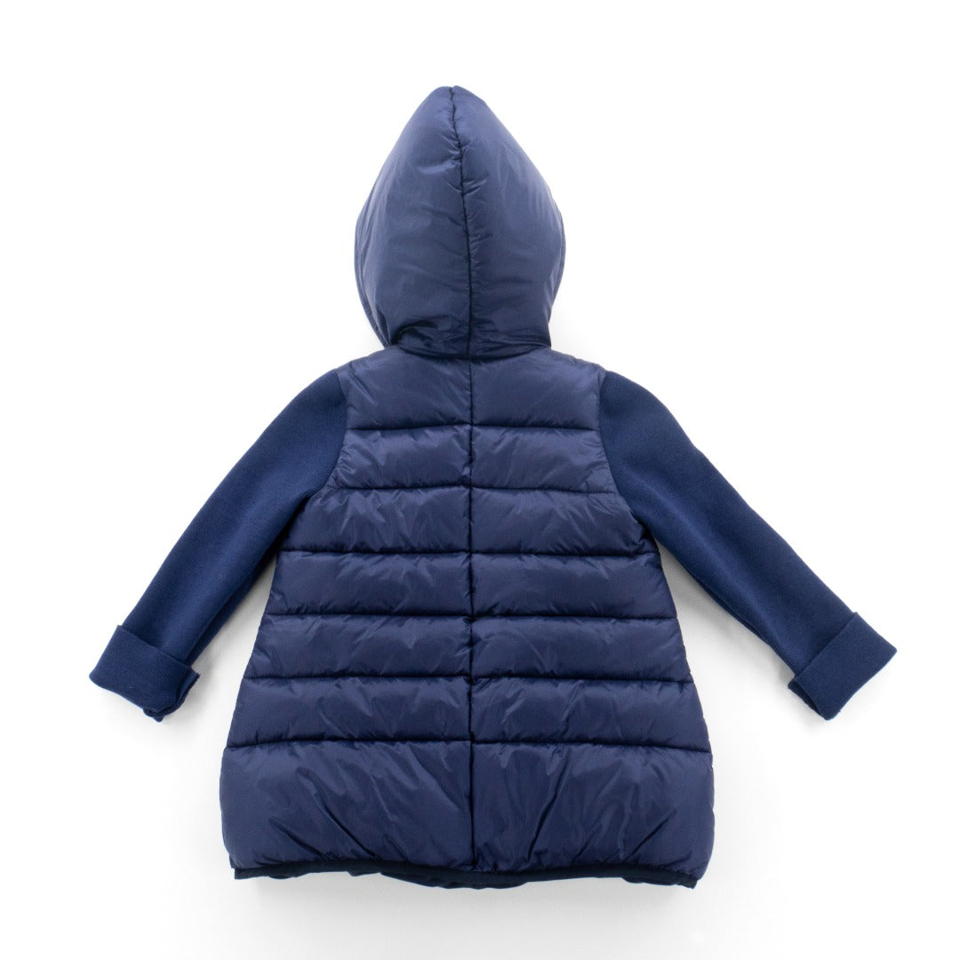 Navy Blue Padded Jacket with a hoodie and knitted long sleeves, golden zipper and snap-button fastening on pockets at the front.