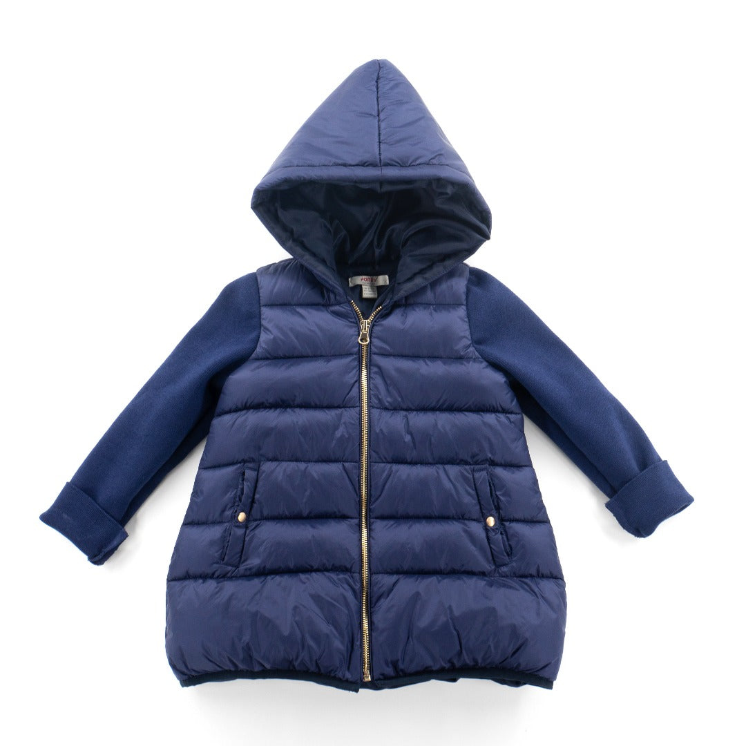 Navy Blue Padded Jacket with a hoodie and knitted long sleeves, golden zipper and snap-button fastening on pockets at the front.