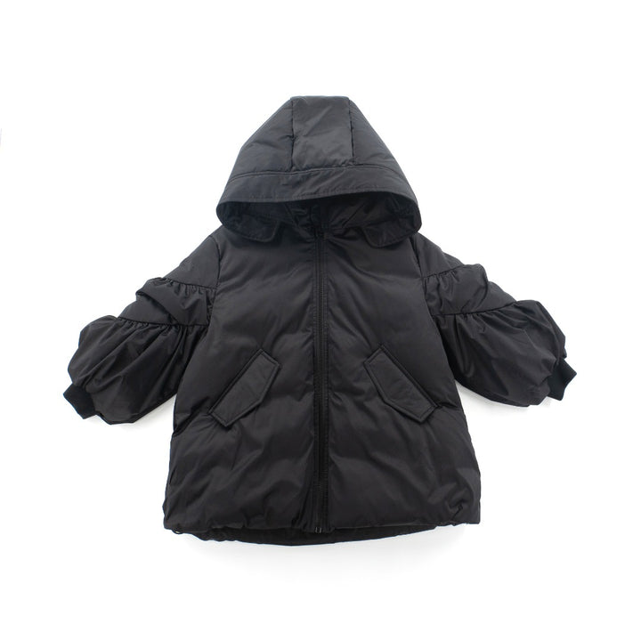 Double Puff sleeve, Black hooded jacket, two front pockets, zipper fastening and rib-knit cuffs. 