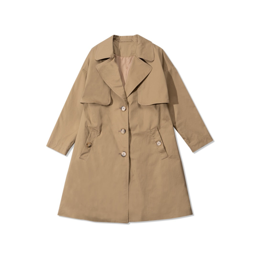 A khaki caped coat. Two buttoned pockets included as well as three fastening faded buttons at the front. 