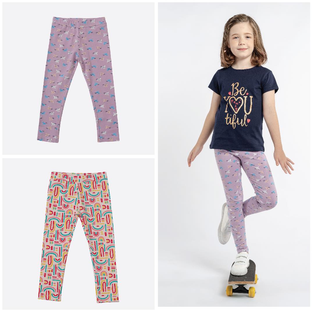 Purple Leggings, Full length, elasticated, blue and white horsies printed all over.