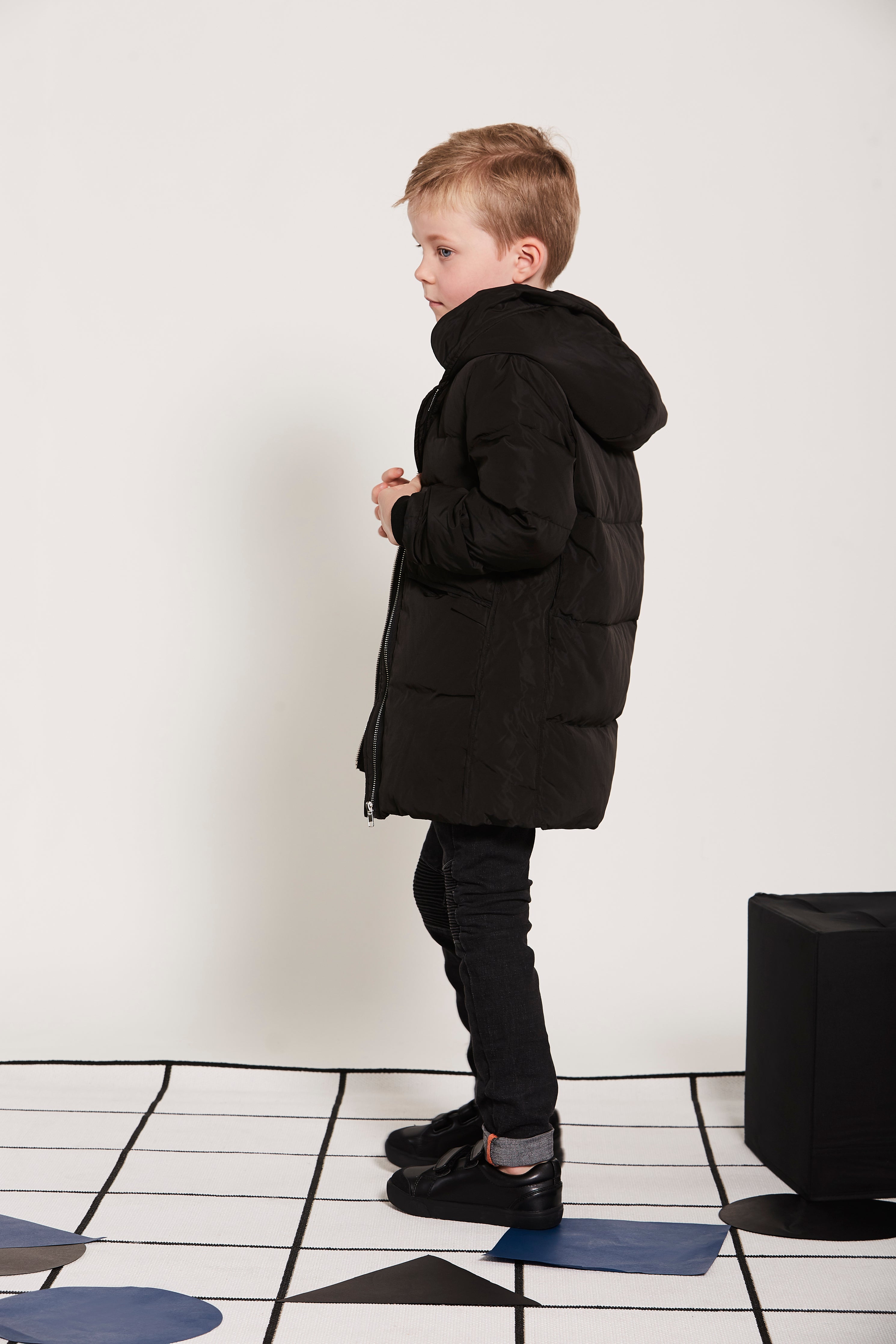 Hooded, Black, Heavily padded jacket. Front zipper, long sleeves and large front pocket. 