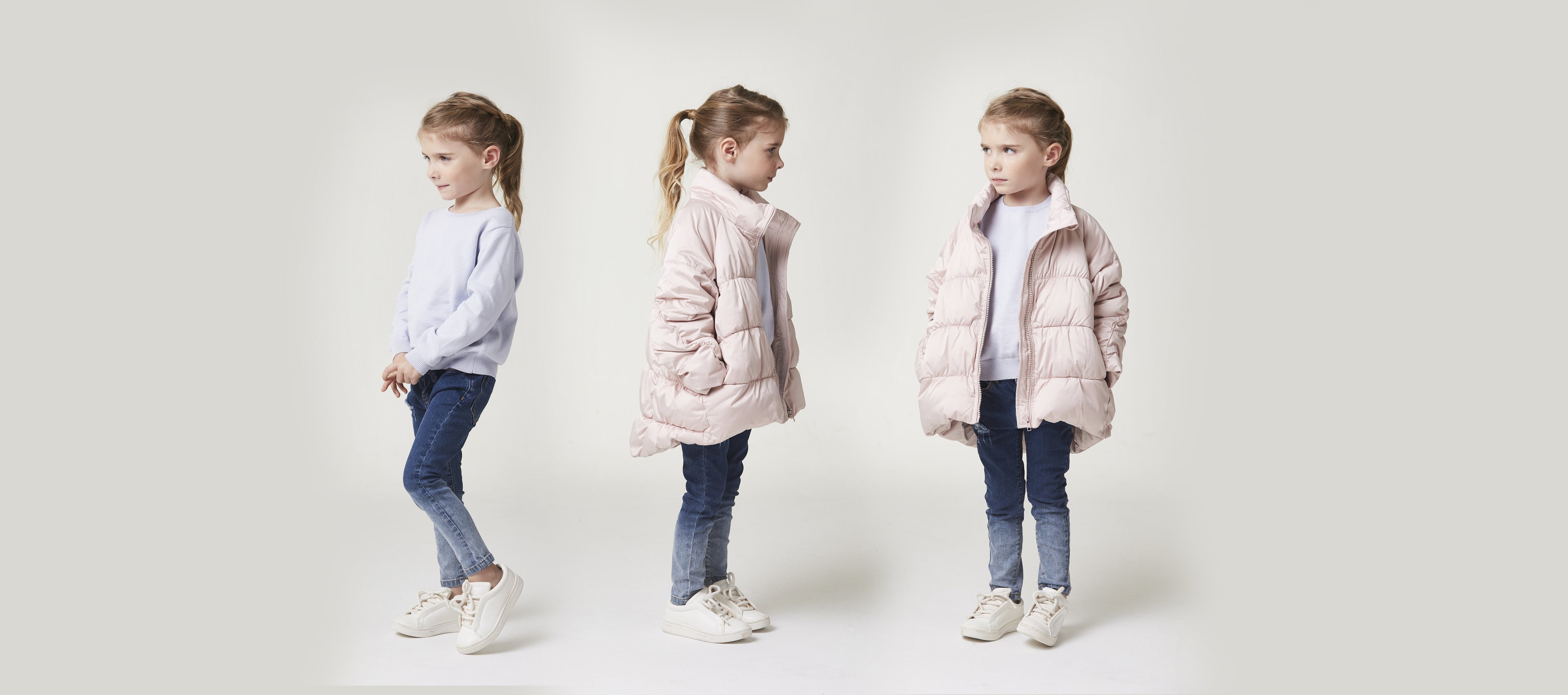 Pale-Rose Light-padded jacket with high collar and long sleeves. Zip-up front, matching side pockets and elasticated cuffs. Slightly longer back-hem.